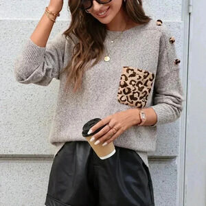 Khaki Casual Women's Loose Fit Crew Neck Floral Pocket Pullover